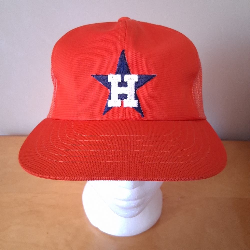 VTG 1980s Yupoong Houston Astros MLB Baseball Orange Trucker Hat Snapback Cap